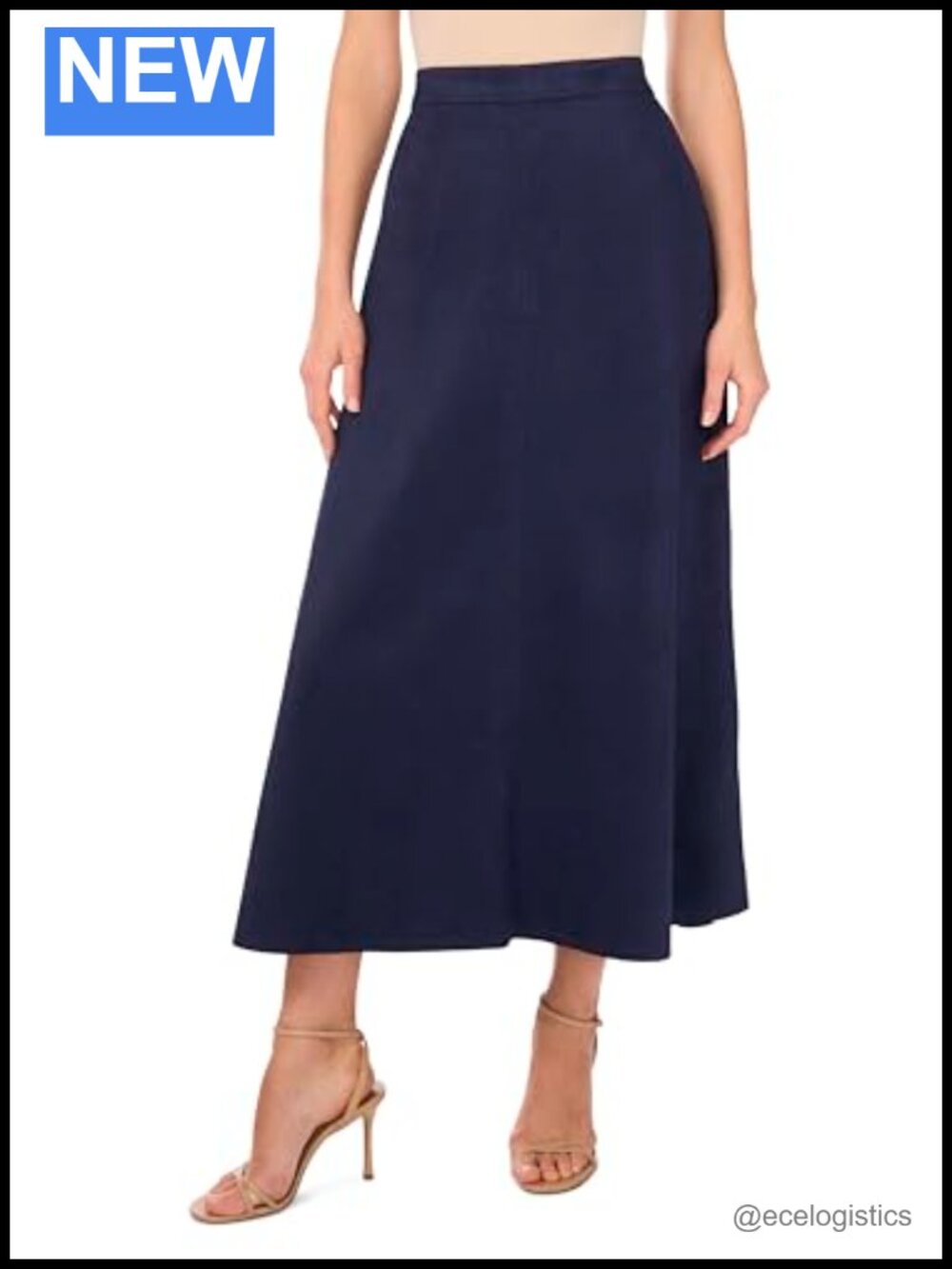 Front Seam A-Line Midi Skirt High Rise Flared Polyester Spandex